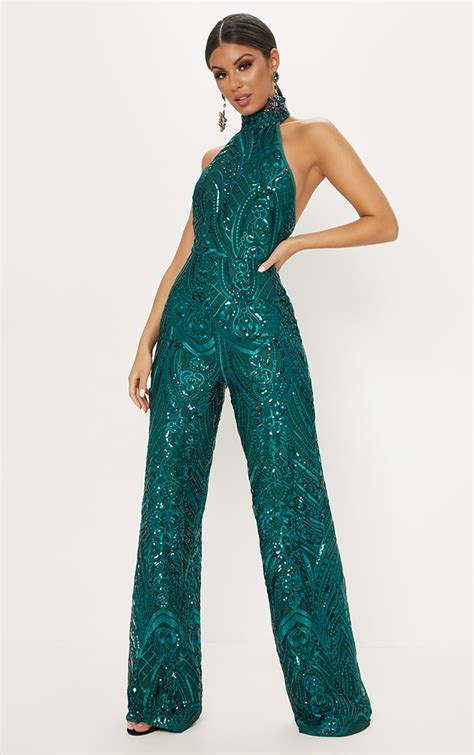 Green Sequin High Neck Jumpsuit Prettylittlething