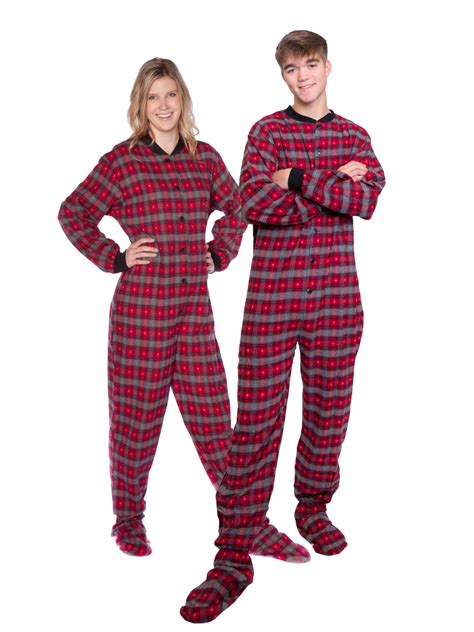 Red And Grey Plaid Footed Onesie Pajamas With Small Hearts Big Feet