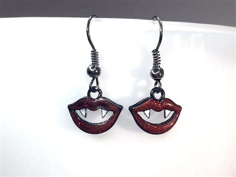 Vampire Fang Earrings Halloween Enamel Red Lips Black Ear Etsy