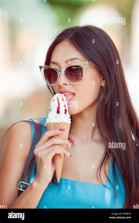 Girl Liking Popsicle Ice Pop Looking Gorgeous Happy Seductive Portrait Of Attractive Asian