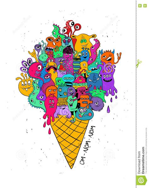 Psychedelic Ice Cream Cone Full Of Funny Monsters Stock