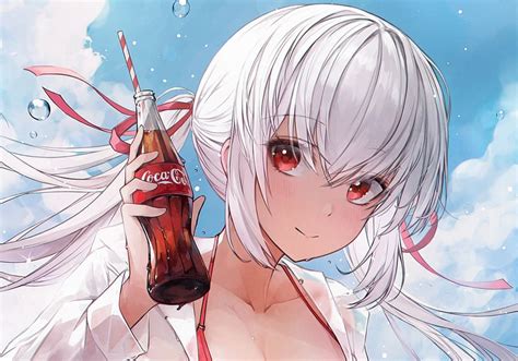 anime coca cola original red eyes white hair hd wallpaper peakpx