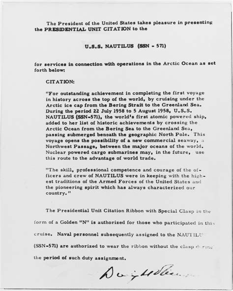 Nh 115433 Presidential Unit Citation For Uss Nautilus Ssn 571 1958