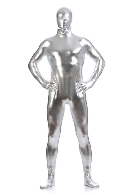 silver metallic zentai bodysuit second skin tight suit full body shiny spandex lycra spandex