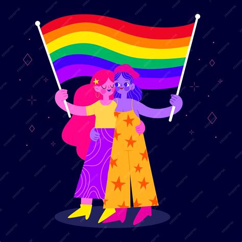 pareja de lesbianas plana orgánica con bandera lgbt vector gratis