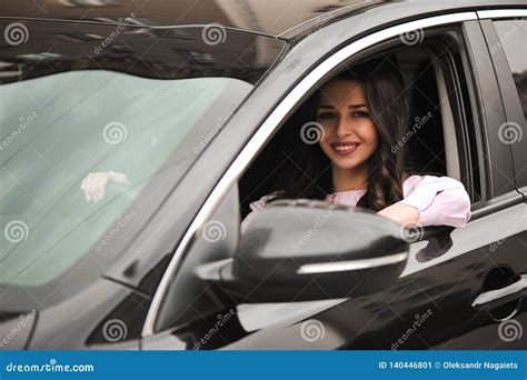 Beautiful Happy Brunette Girl On Car Window Stock Image Image Of