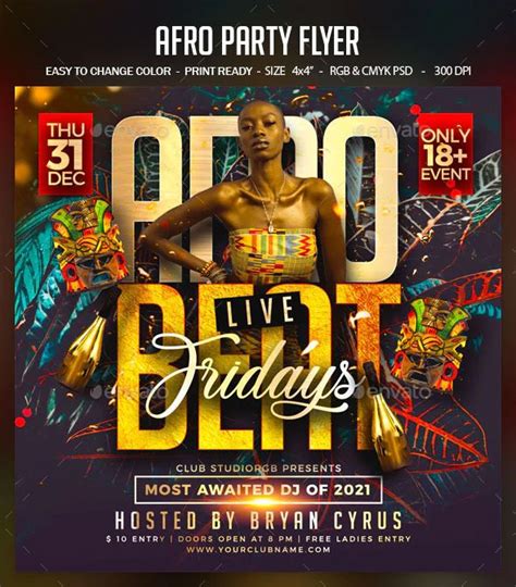 The Flyer For Afro Party Flyer With An Image Of A Woman In Gold And Black