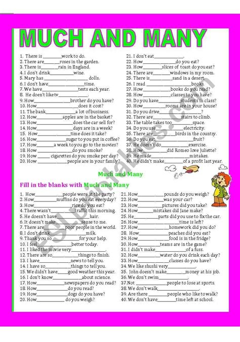 Much And Many Esl Worksheet By Giovanni English Lessons For Kids