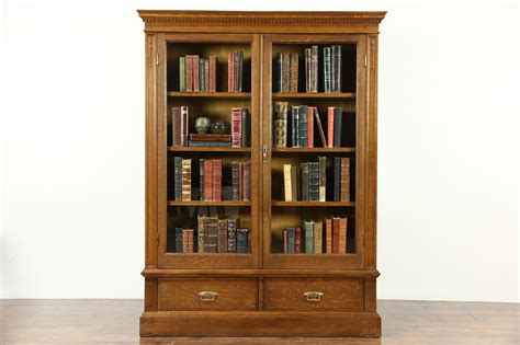 Oak 1900 Antique Bookcase Glass Doors Adjustable Shelves