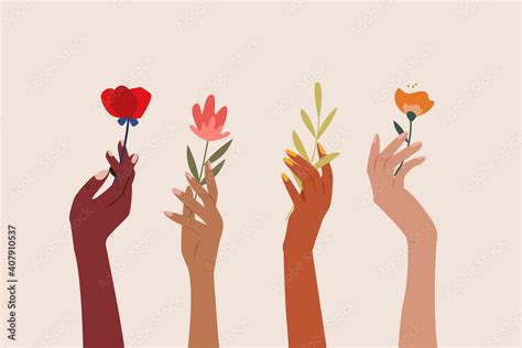 Set Of Female Hands Holding Beautiful Flowers Different Skin Colored