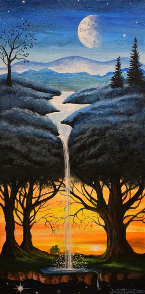A Painting Of A Waterfall In The Middle Of Trees With Mountains And