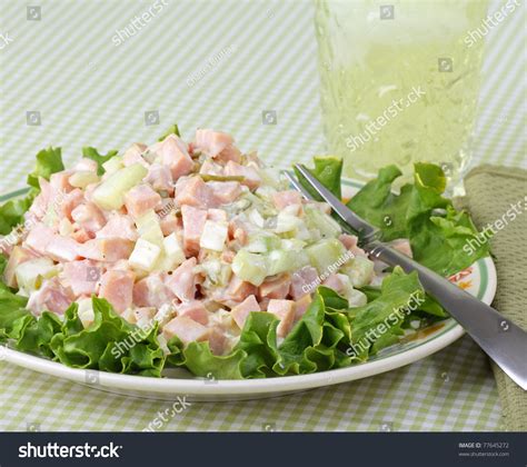 Ham Salad With Lettuce On A Plate And A Drink Stock Photo 77645272