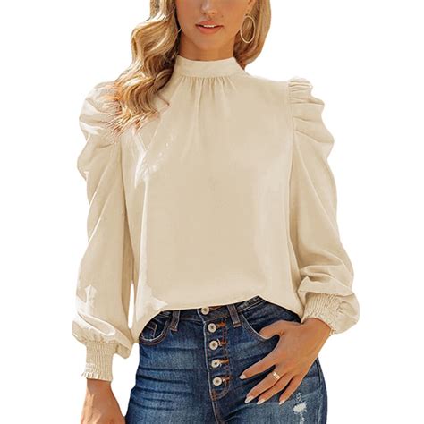 Brglopf Women S Mock Neck Flounce Tops Puff Long Sleeve Solid Color