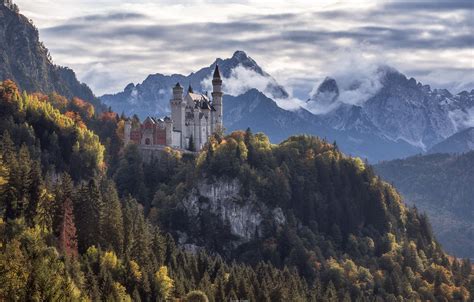Обои осень лес горы скала замок Германия Бавария Germany