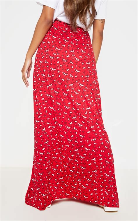 Red Ditsy Floral Print Basic Maxi Skirt Prettylittlething Usa