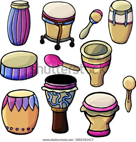 Vector Set Drums Tambourines Cartoon Style Stock Vector Royalty Free
