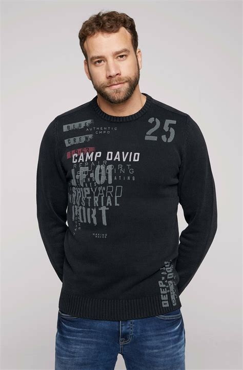 Camp David Stone Washed Pullover Mit Vielen Artworks Jumper Black