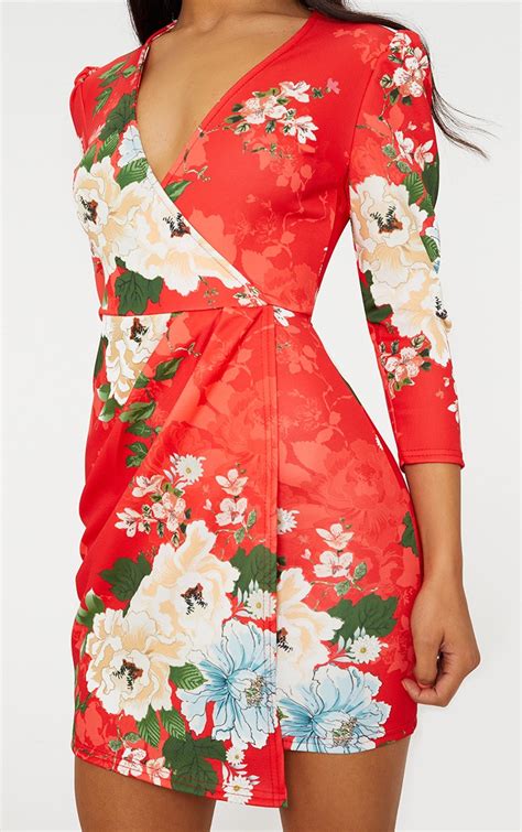 Red Floral Wrap Long Sleeve Dress Dresses Prettylittlething