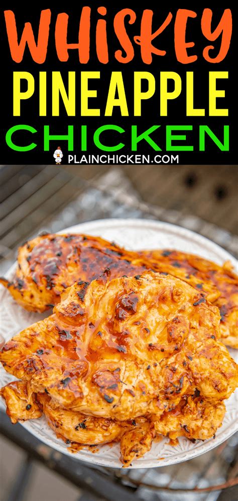 Chicken marinated in whiskey, pineapple juice, bbq sauce, worcestershire, garlic and pepper. Whiskey Pineapple Chicken - delicious!!! Chicken marinated ...