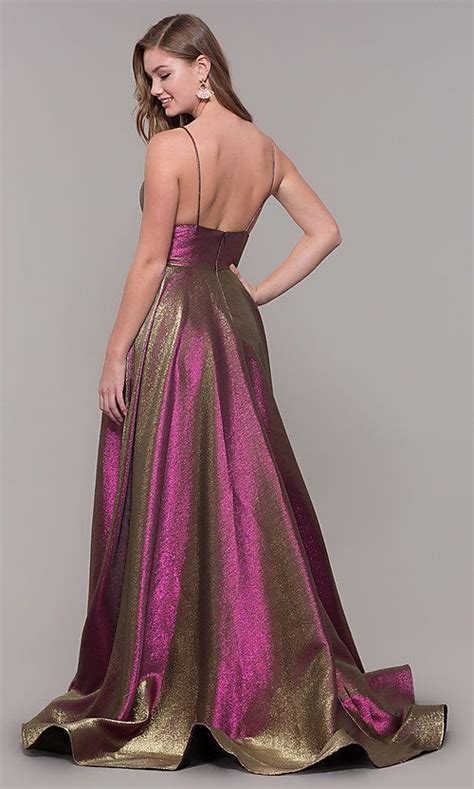 Long Iridescent V Neck Prom Dress By Ashleylauren Metallic Prom