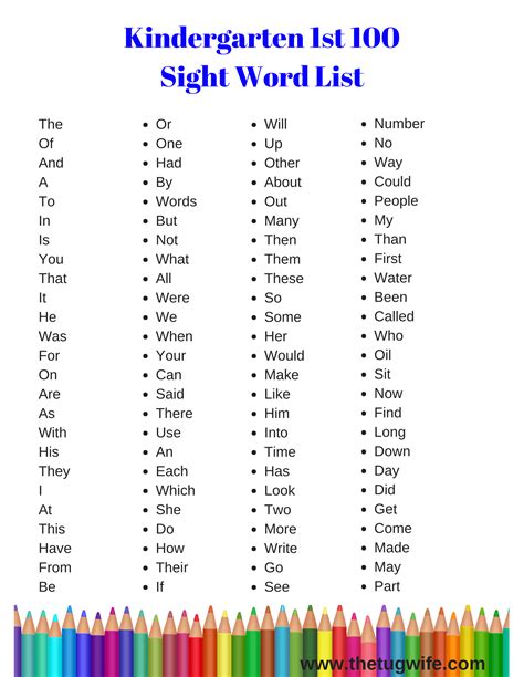 Printable List Of Kindergarten Sight Words