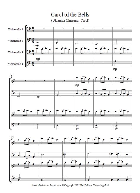 Carol of the bells cello solo by peter j wilhousky mykola. Carol of the Bells sheet music for Cello Quartet - 8notes.com