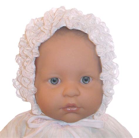 New White Baby Bonnet With Lacy Ruffles And Pink Bows