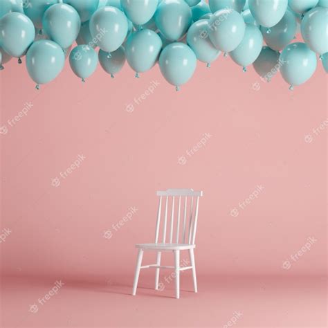 premium photo white chair  floating blue balloons  pink background room studio