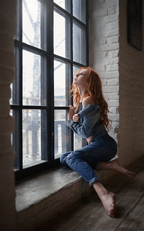 Women Model Sergey Zhirnov Barefoot Redhead Anna Boevaya Window Px Portrait Display