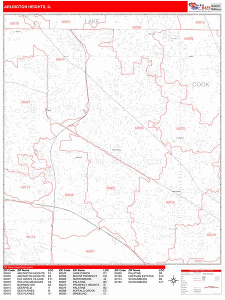 Arlington Heights Illinois Zip Code Wall Map Red Line Style By