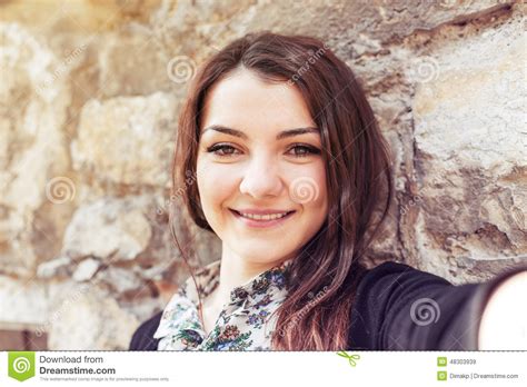 Selfie Portrait Of A Beautiful Woman Stock Image Image Of Phone Bright 48303939