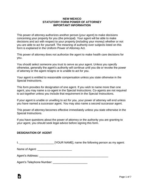 Free New Mexico Durable Statutory Power Of Attorney Form Pdf Word
