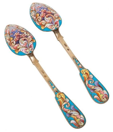 A Pair Of Russian Gilt Silver And Shaded Cloisonne Enamel Spoons