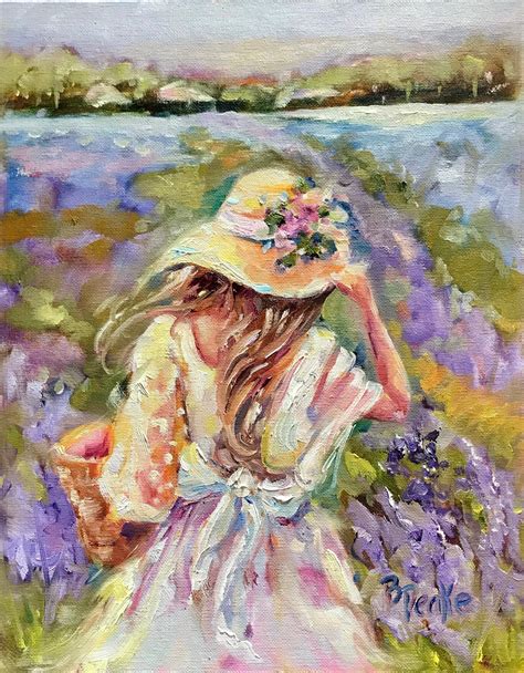 Original Art Oil Painting Woman With Hat In Field Of Lavender X