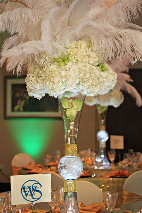 Hydrangea And Feathers Centerpiece Real