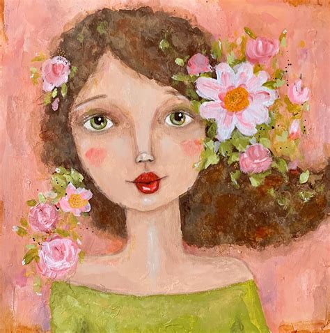 Acrylic Painting Flower Girl Whimsical Artwork Flower Painting