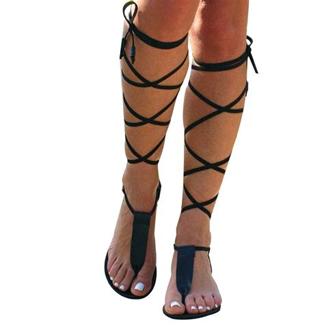 buy women gladiator sandals flat summer strappy lace up open toe knee high flat sandal online at