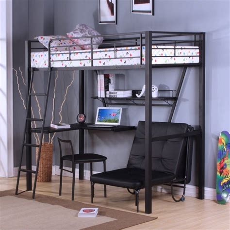 Bowery Hill Loft Bed With Desk In Silver And Black Twin Size Loft Bed