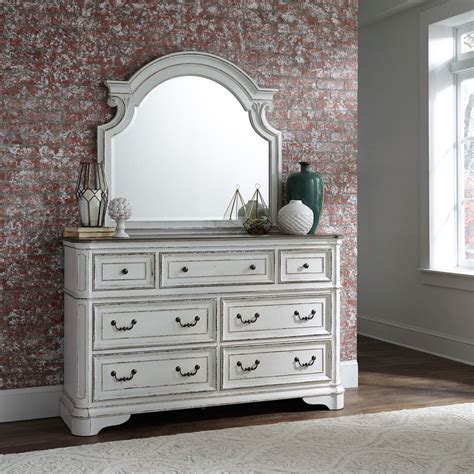 This set includes king panel bed, dresser and mirror, and one nightstand. Magnolia King Panel Bedroom Set w/Tufted Beige Linen ...
