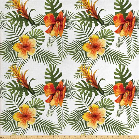 Hibiscus Fabric By The Yard Palm Leaves Tropical Blossoms Repeating
