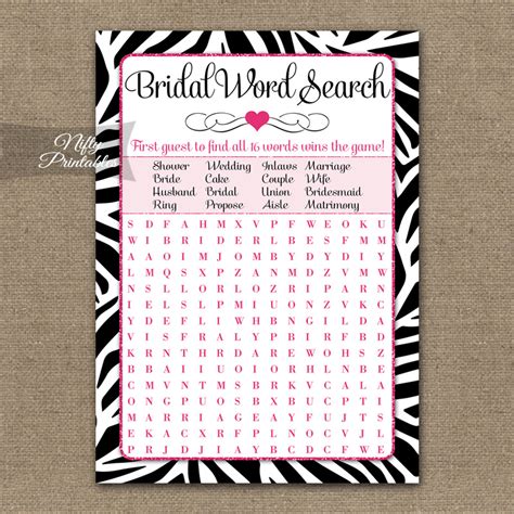 Printable Bridal Shower Word Search Game Zebra Pink