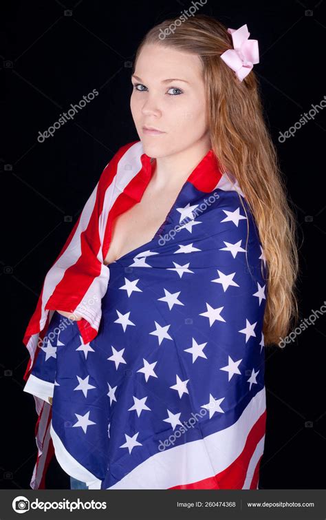 Curious Sexy Woman American Flag Wrapped Drapped Her Shoulders Stock