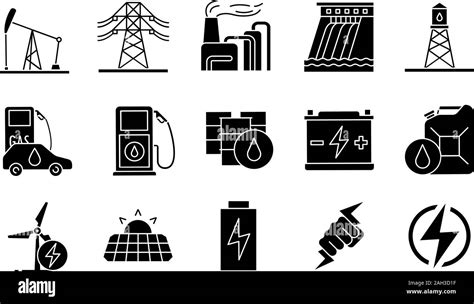 Electric Energy Glyph Icons Set Electricity Power Generation And