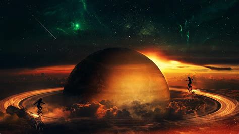 Digital Art Space Universe Planet Saturn Nebula Stars Clouds