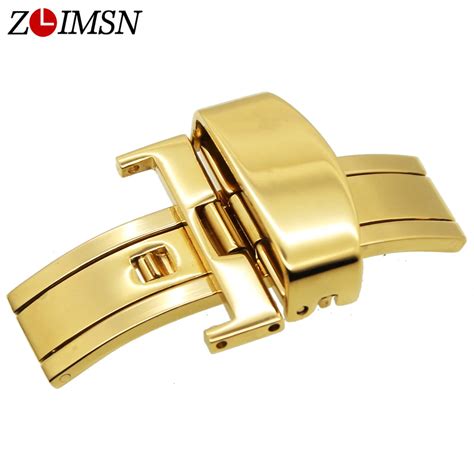 zlimsn 22mm solid stainless steel butterfly buckle watchband gold color deployment clasp
