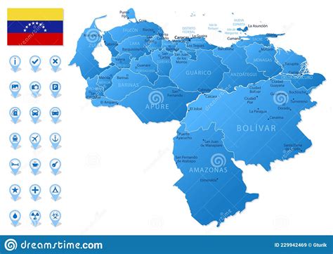Blue Map Of Venezuela Administrative Divisions With Travel Infographic
