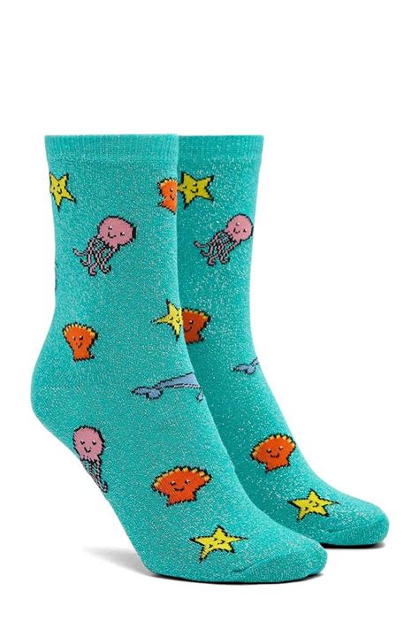 A Pair Of Knit Crew Socks Featuring An Allover Under The Sea Print With