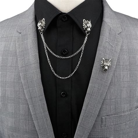 Man Suit Shirt Collar Tassel Chain Lapel Pin Brooch Dragon Badge Retro