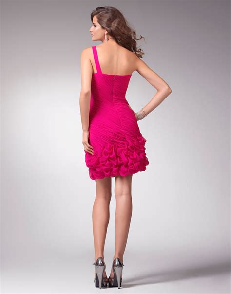 Fuchsia One Shoulder Chiffon Knee Length Column Prom Dress With Beads And Pleats