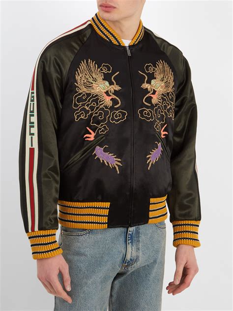 Gucci Satin Dragon Embroidered Bomber Jacket In Black For Men Lyst